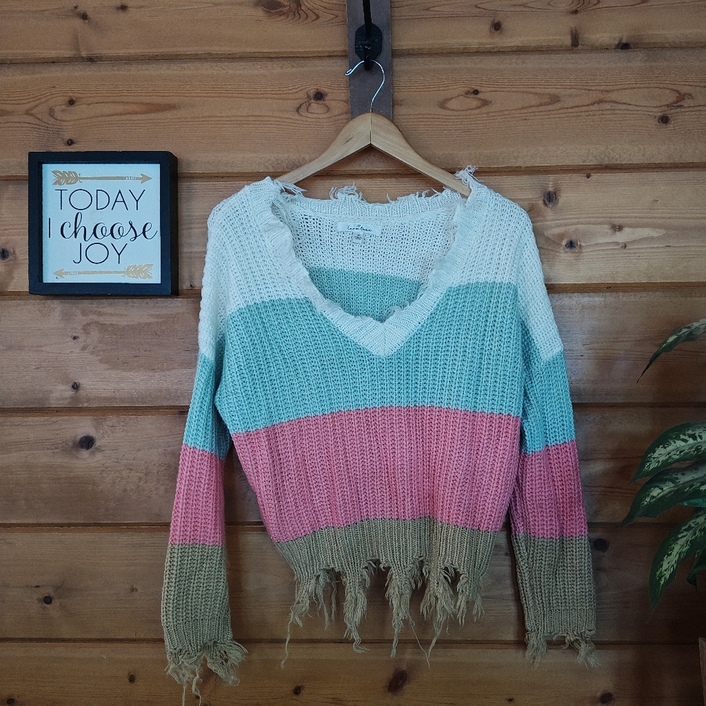Love Tree Sweater Colorblock Frayed Distress Crop Oversize‎ Pastel Boho Top Sz M